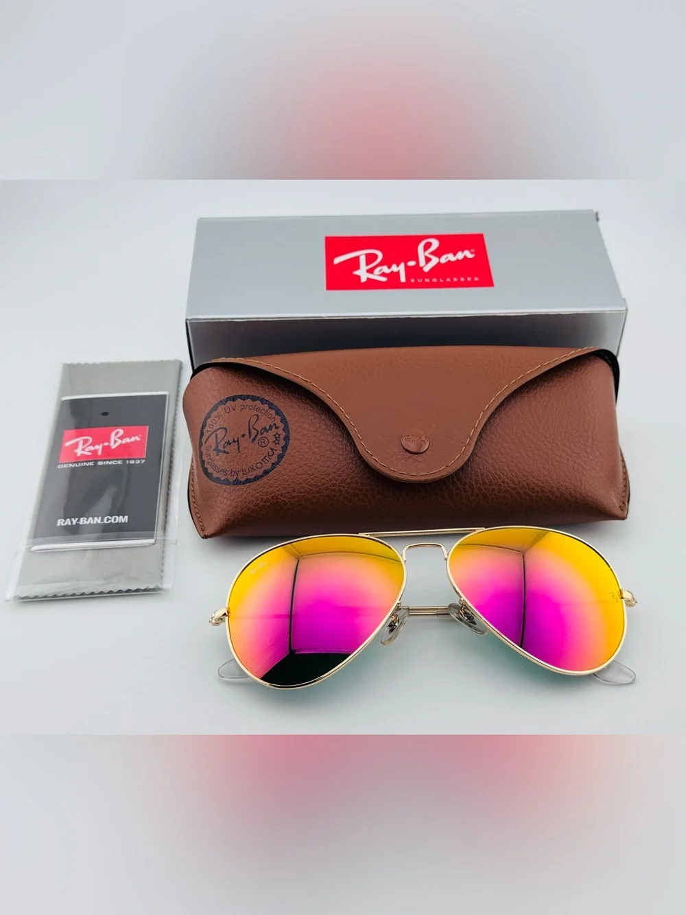 Ray-Ban Aviator Sunglasses Gold Metal Frame Pink/Orange Mirrored  Glass Lenses